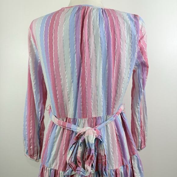 J Crew Veda Pastel Stripe Metallic Thread 100% Cotton Belted Dress Small Pockets - Picture 6 of 13